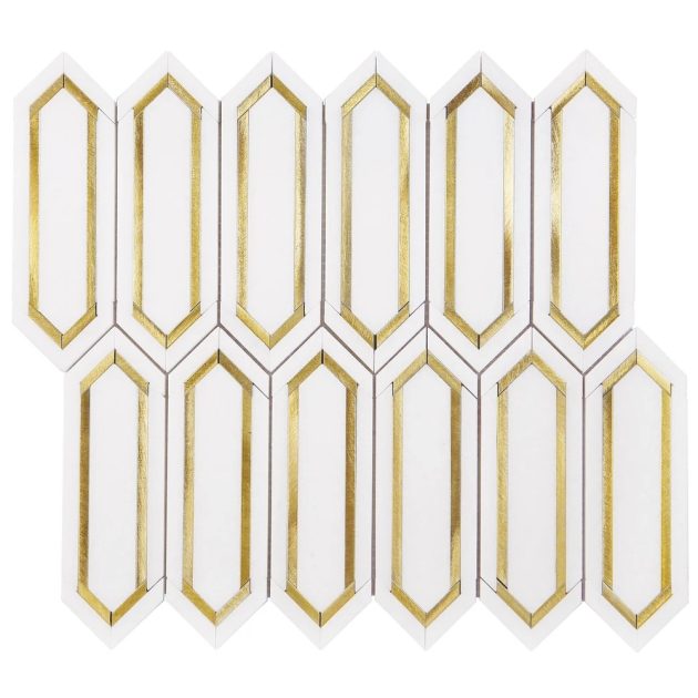 11.75x13.25 EMD PICKET THASSOS WHITE MARBLE & GOLD ALUMINUM MOSAIC